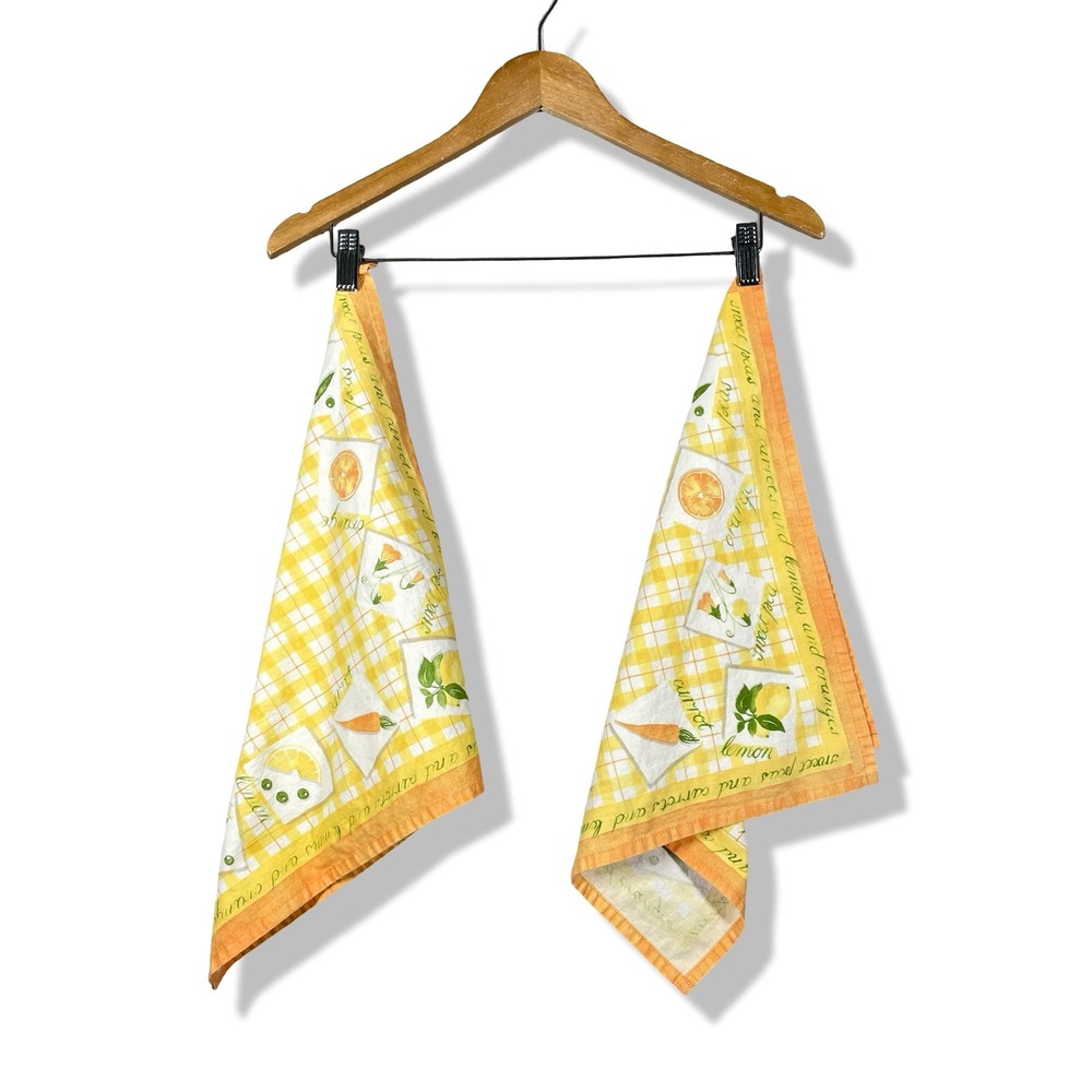 Lauren Ashley Kitchen Towels Set of 2‎ Yellow Gingham Fruit Print Cotton Napkins